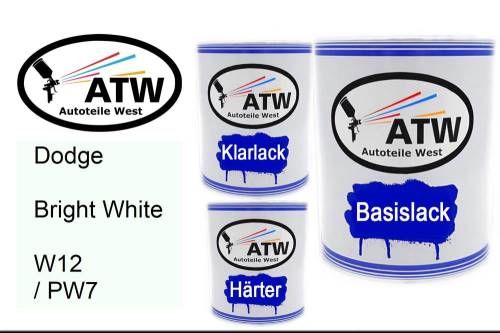 Dodge, Bright White, W12 / PW7: 1L Lackdose + 1L Klarlack + 500ml Härter - Set, von ATW Autoteile West.